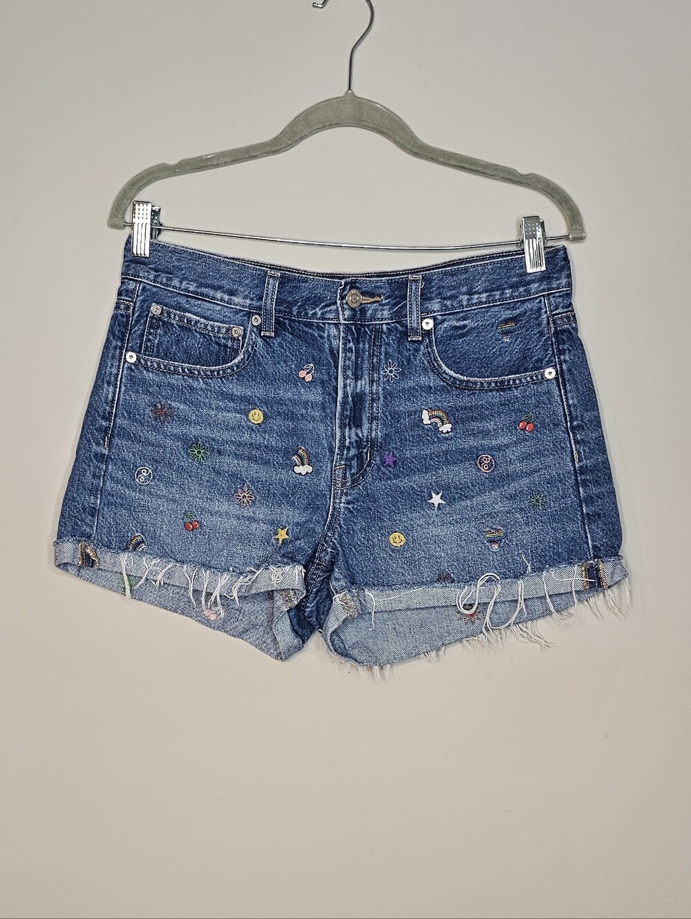 American Eagle Embroidered Frayed Cuff Denim Jean Shorts Size 6 PRIDE